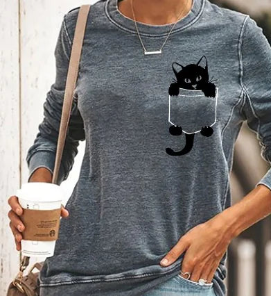 Cat Print Long Sleeve Round Neck Pullover T-Shirt Frugal Finds Galore