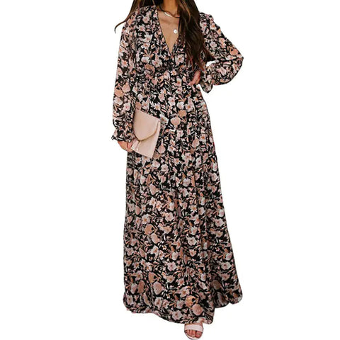 Women's V-Neck Loose Printed Long Sleeve Dress Frugal Finds Galore