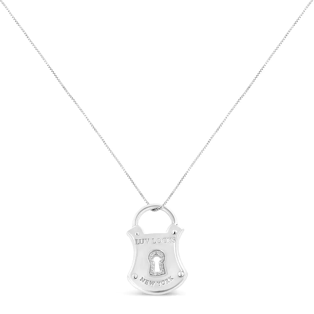 Sterling Silver 1/10 Ct Diamond Lock Pendant 18" Necklace