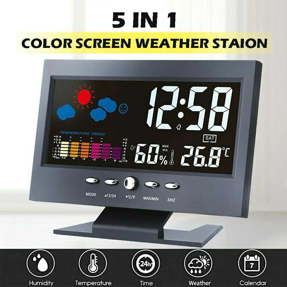 Reloj despertador digital LED con función de repetición, calendario, termómetro, higrómetro, pantalla meteorológica