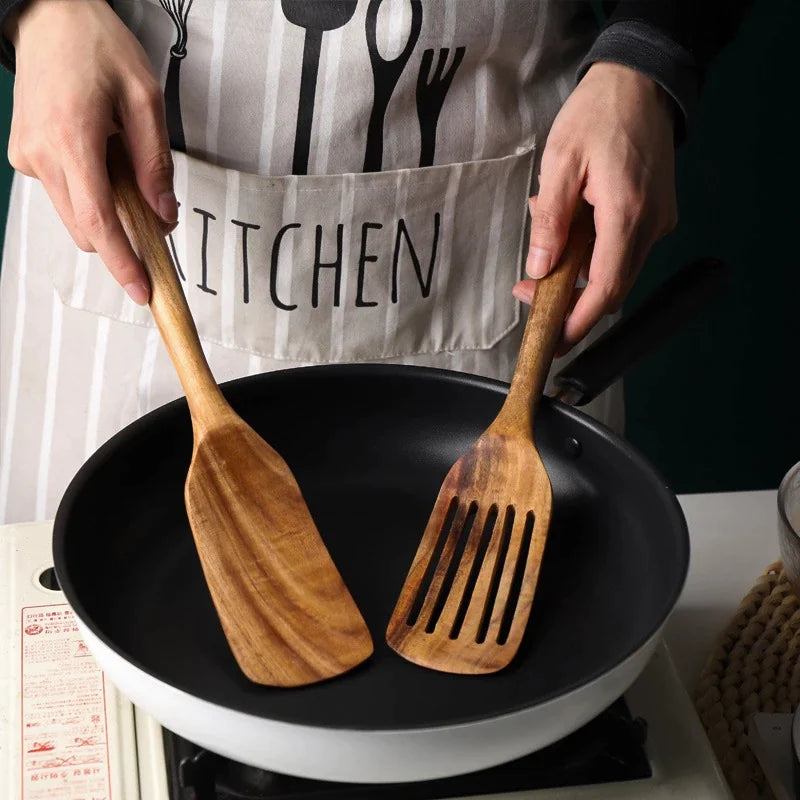 Acacia Teak Wood Long-Handled Spatula Set