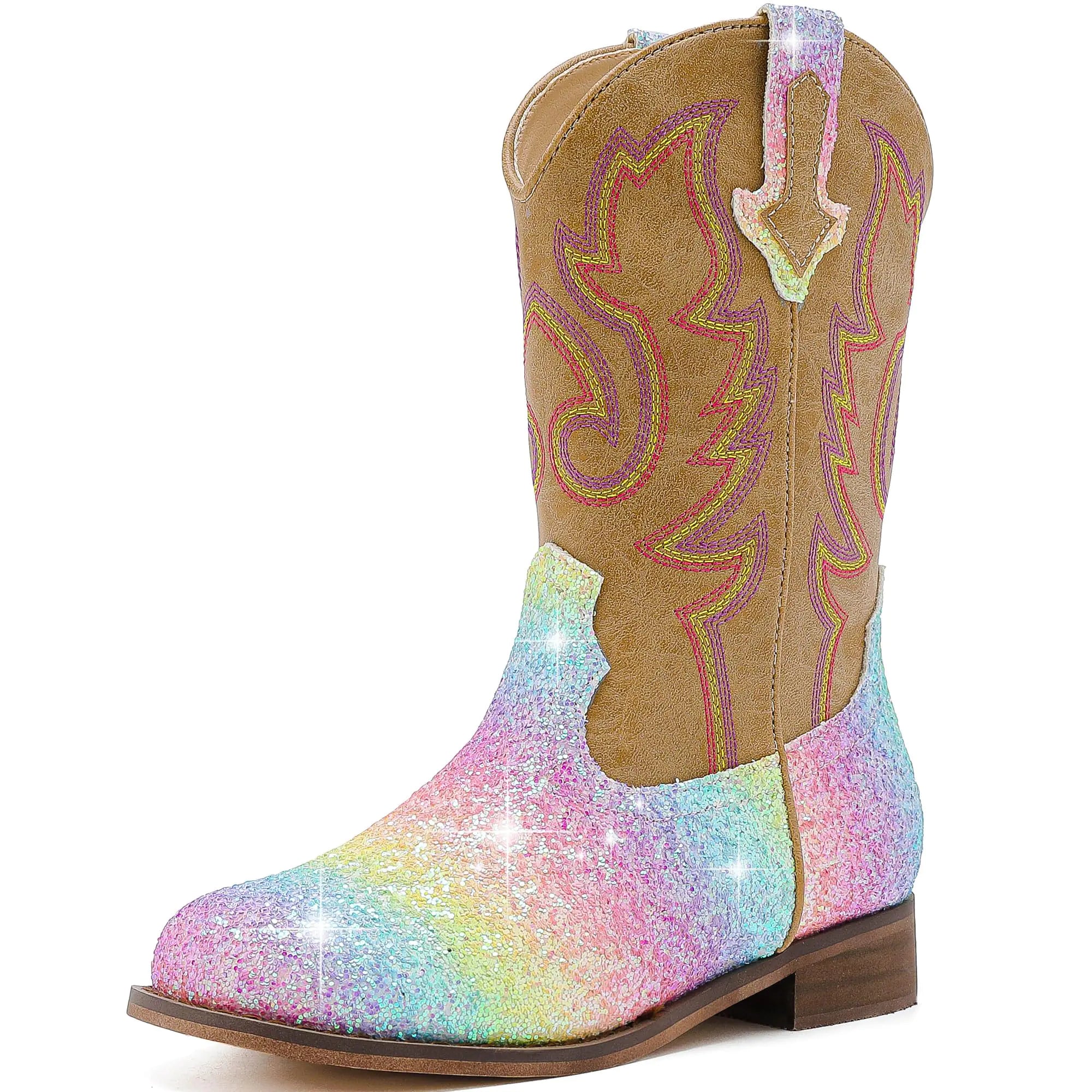 Girls Cowgirl Boots Unisex-Child Mid Calf Glitter Toddler Cowboy Boot Little Big Kids Western Riding Shoes 8 Toddler Shiny Rainbow