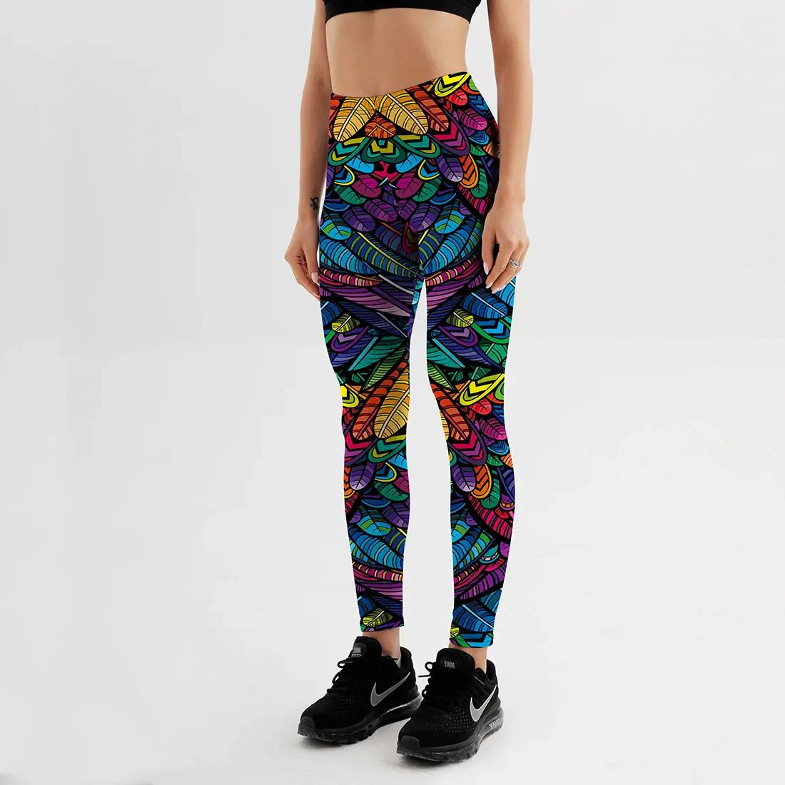 Pantalones deportivos de cintura media para mujer con estampado 3D de plumas de colores de Quickitout