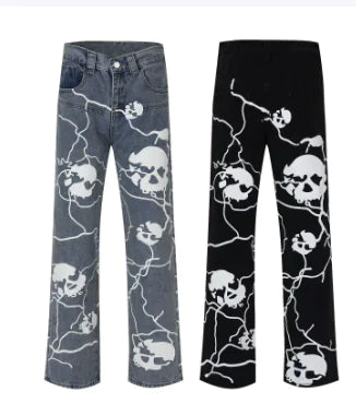 Lightning Skull Distressed Denim Pants Frugal Finds Galore
