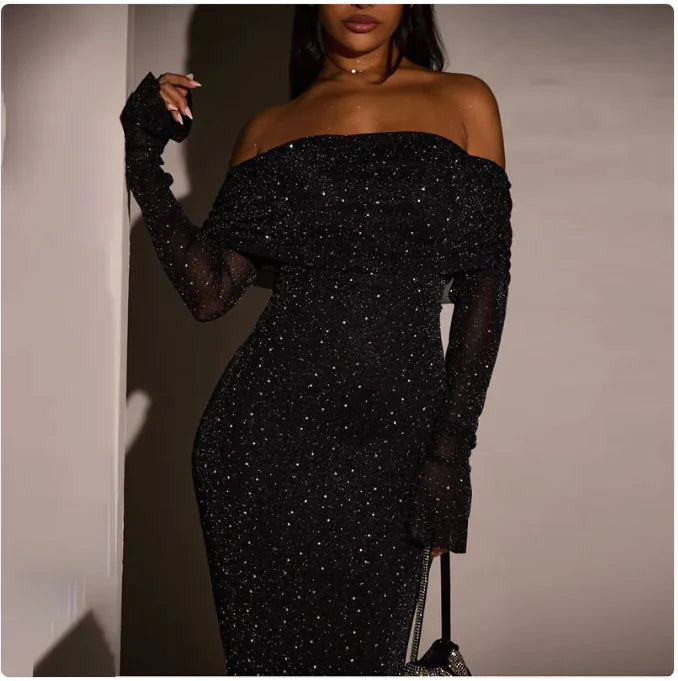 Sequined Off-shoulder Dress Women's Clothing