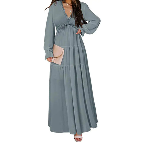 Women's V-Neck Loose Printed Long Sleeve Dress Frugal Finds Galore