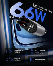 Retractable Car Charger, 4 in 1 Fast Car Phone Charger 66W, Retractable Cables and USB Car Charger,Compatible with iPhone 15/14/13/12/11,Galaxy,Pixel Frugal Finds Galore