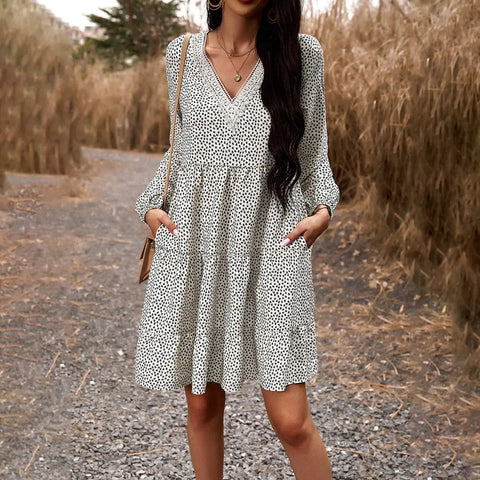 Fall Women's V-neck Long Sleeve Leisure Dress Frugal Finds Galore