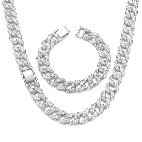 Cuban Link Chain Necklace, Bracelet Jewelry Set, Silver Fake Diamond Frugal Finds Galore