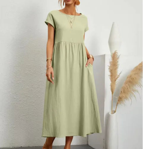 Solid Color Cotton-Linen Pocket Dress