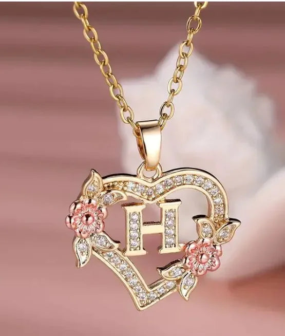 Heart Flowers Letter Necklace