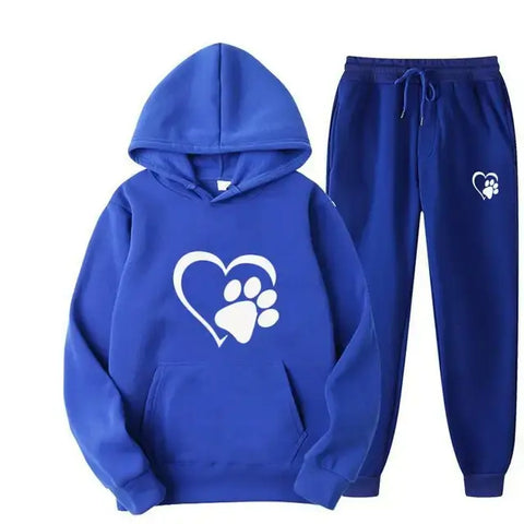 Blue dog print hoodie and pants set, featuring a heart and paw design, showcasing style and comfort for dog lovers.