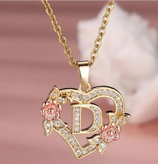 Heart Flowers Letter Necklace