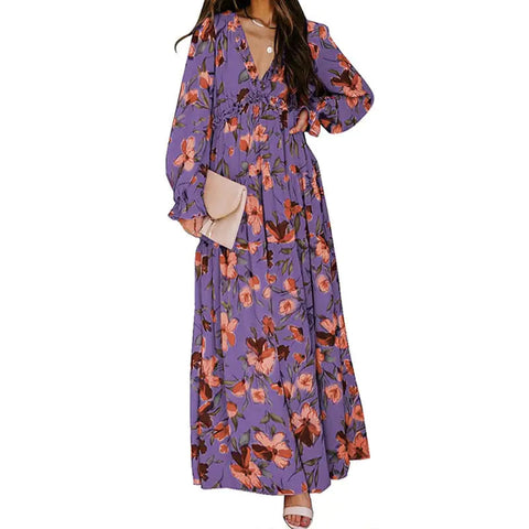 Women's V-Neck Loose Printed Long Sleeve Dress Frugal Finds Galore
