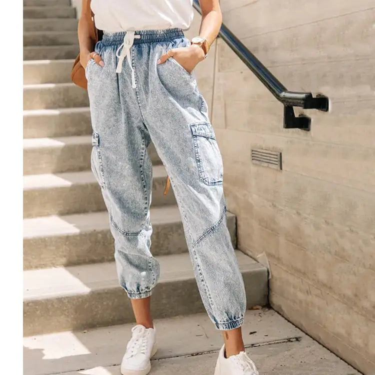 Slim-Fit Women's Washed Lace-up Jeans Trousers