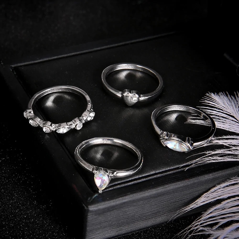 Classic Silver Crystal Heart Ring Set