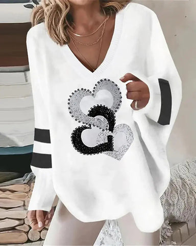Loose V-neck Geometric Long-sleeved Sweater Frugal Finds Galore