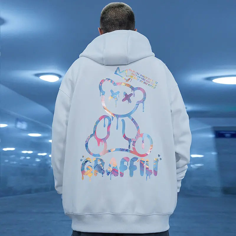 High Street Graffiti Bear Print Men's Fleece Hoodie