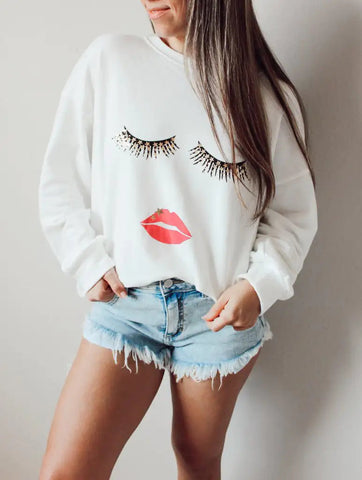 Loose Long Sleeve Sweatshirt with Lip Print Design Frugal Finds Galore