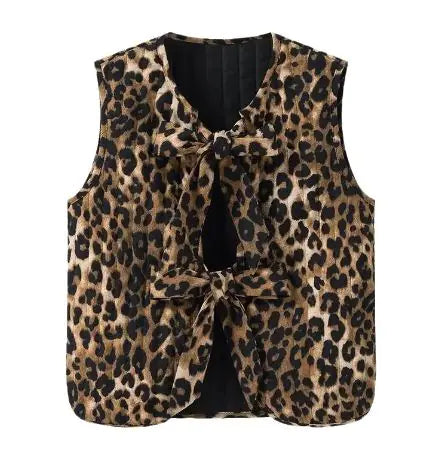 Corduroy Leopard Bow Lace Up Slim Fit Vest