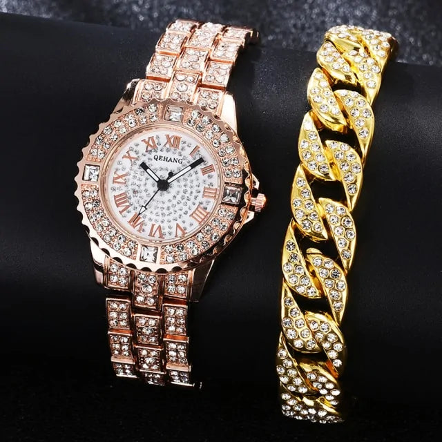 Diamond Crystals Watch and Bracelet Set