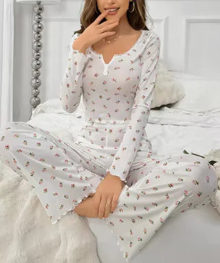 Floral Print Lace Collar Button Pajamas