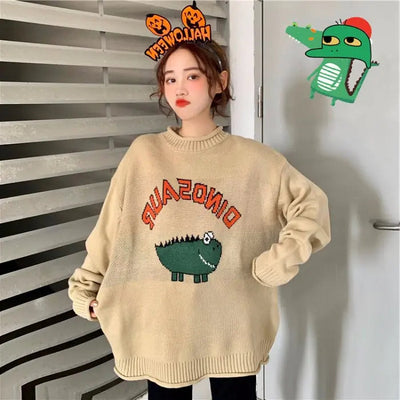 Cartoon Letter Sweater, Jacquard Dinosaur Sweater Frugal Finds Galore