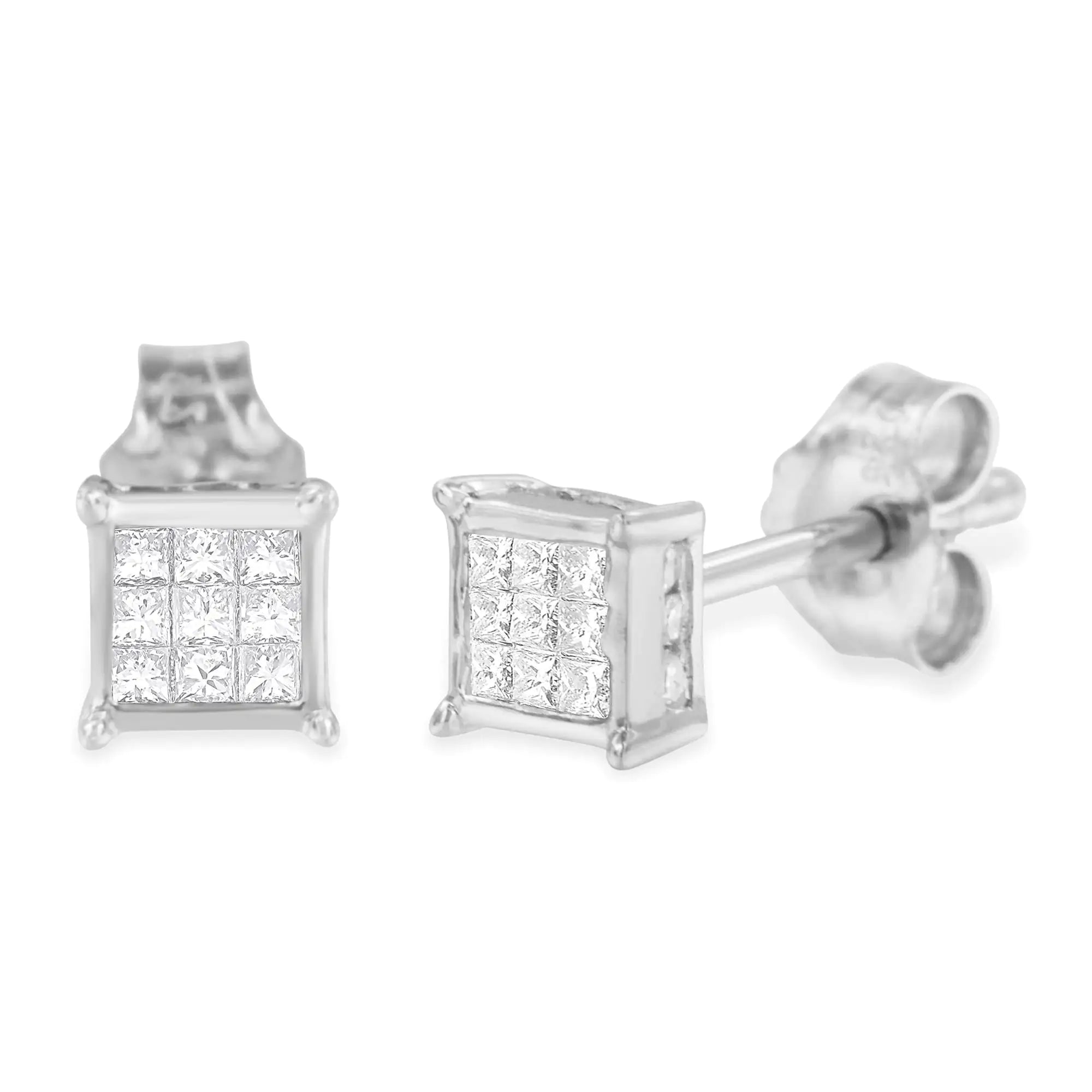 Sterling Silver Princess Cut Diamond Square Stud Earrings