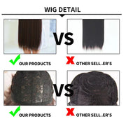 Wig quality comparison chart showcasing women's Brazilian human long curly lace wavy hair wigs versus other products.