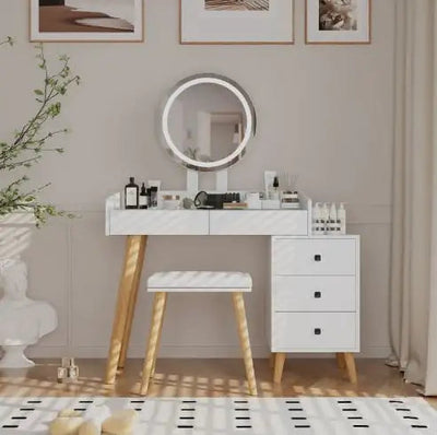 Dressing Table with LED Lights, Glass Top With 5 Drawers, Mirror and Stool Frugal Finds Galore