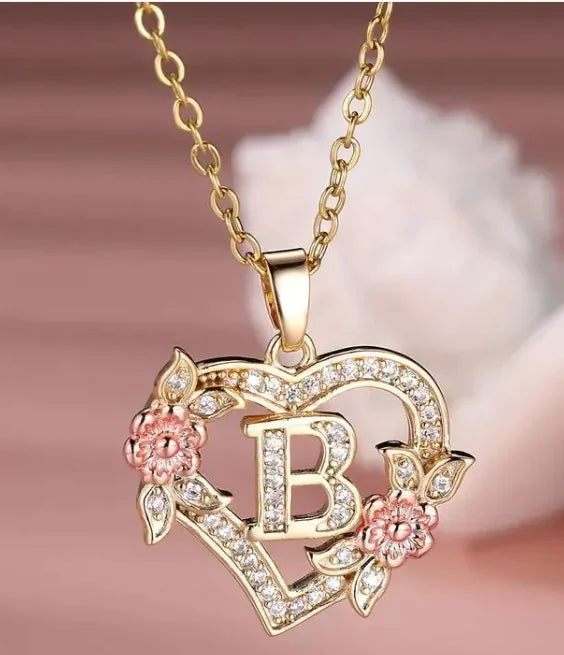 Heart Flowers Letter Necklace