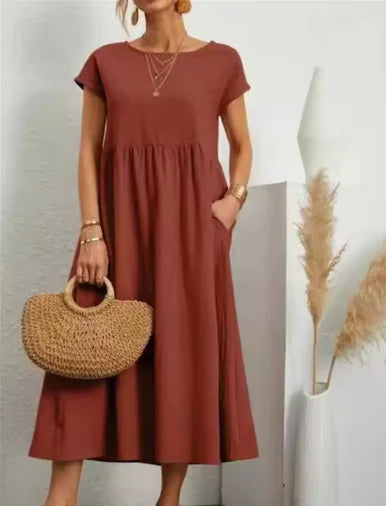 Solid Color Cotton-Linen Pocket Dress