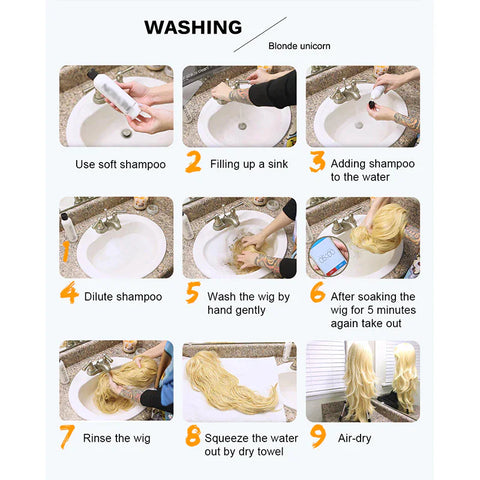 Washing instructions for long curly lace wavy hair wigs: soft shampoo, gentle hand wash, air-dry.