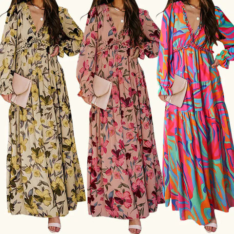 Women's V-Neck Loose Printed Long Sleeve Dress Frugal Finds Galore