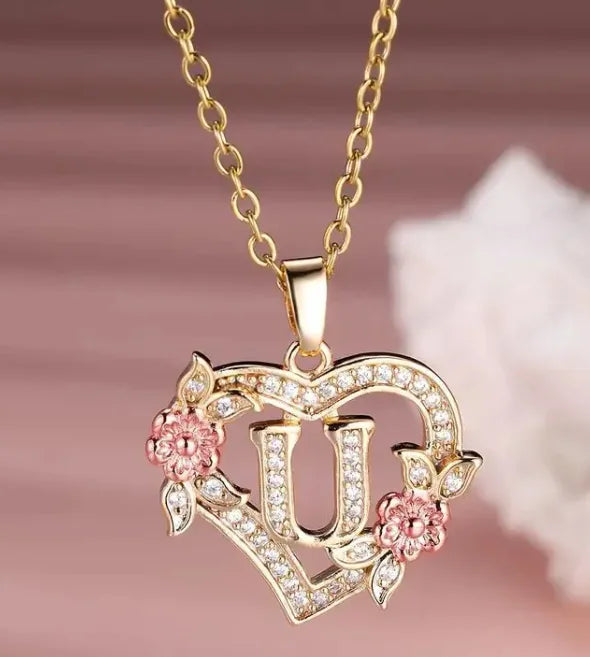 Heart Flowers Letter Necklace