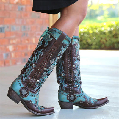 Chic embroidered lace-up mid-calf blue boots with intricate details in PU leather.