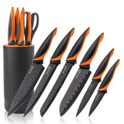 Knife Set 8 Pieces Colorful Kitchen Knife Set Non-stick Coating Stainless Steel Chefs Knife Sets with Universal Knife Block for Cooking Kitchen Chopping (Damascus Blade Black Block) Frugal Finds Galore