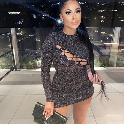 Shiny Hollow Out Bodycon Dress with Tie Detail Frugal Finds Galore