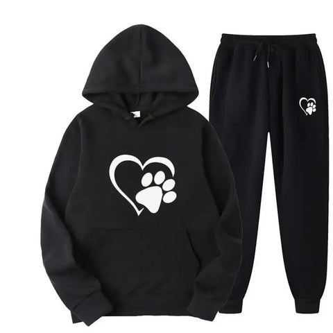 Dog print hoodie and pants set with heart and paw design, showcasing comfort and playful style.