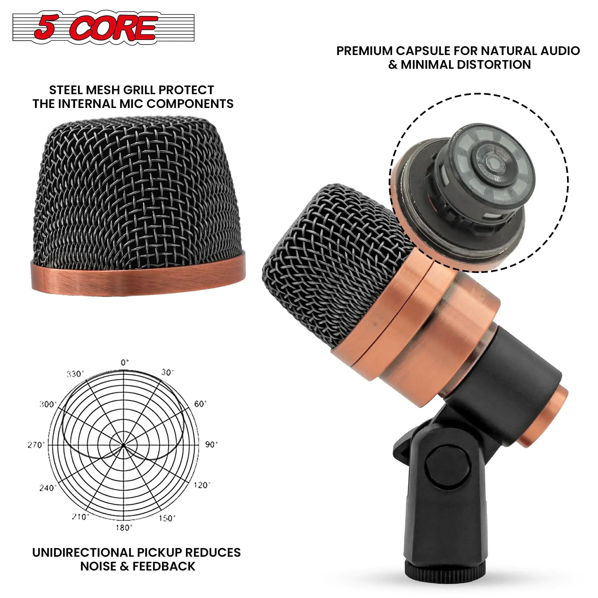 5 Core Snare Microphone XLR Wired Uni Directional Tom Drum and Other Musical Instrument Mic COPPER