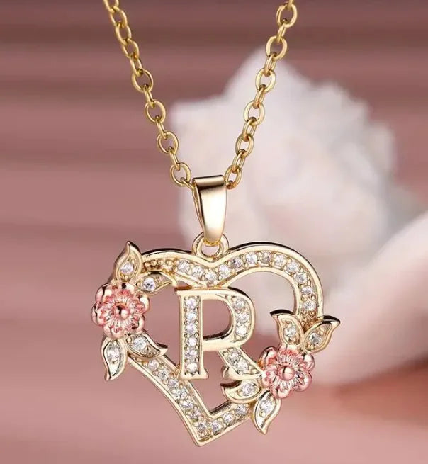 Heart Flowers Letter Necklace