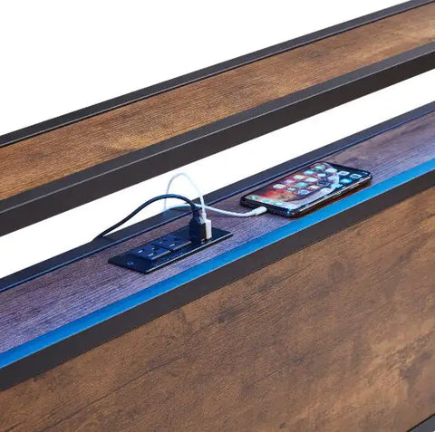 King Size Metal Platform Bed Frame With Wooden Headboard And Footboard With USB LINER Frugal Finds Galore