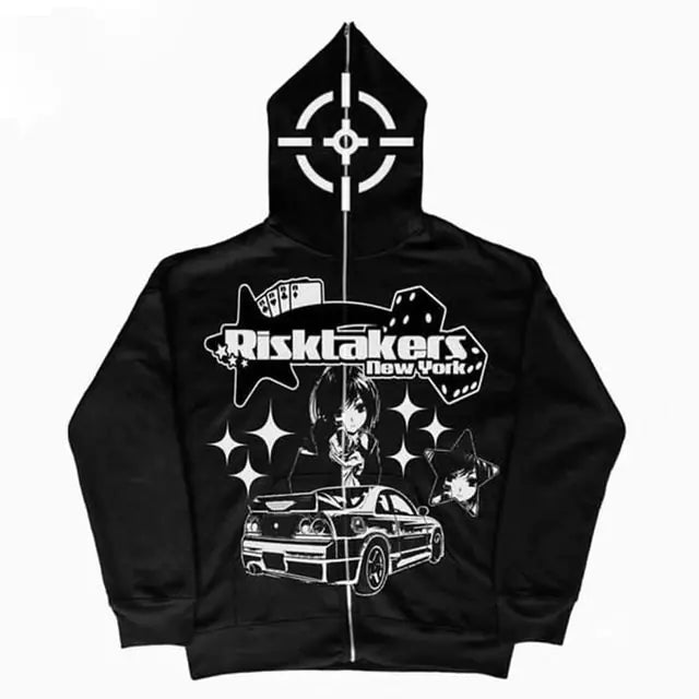 Anime Print Gothic Streetwear Long Sleeve Black Zip Hoodie