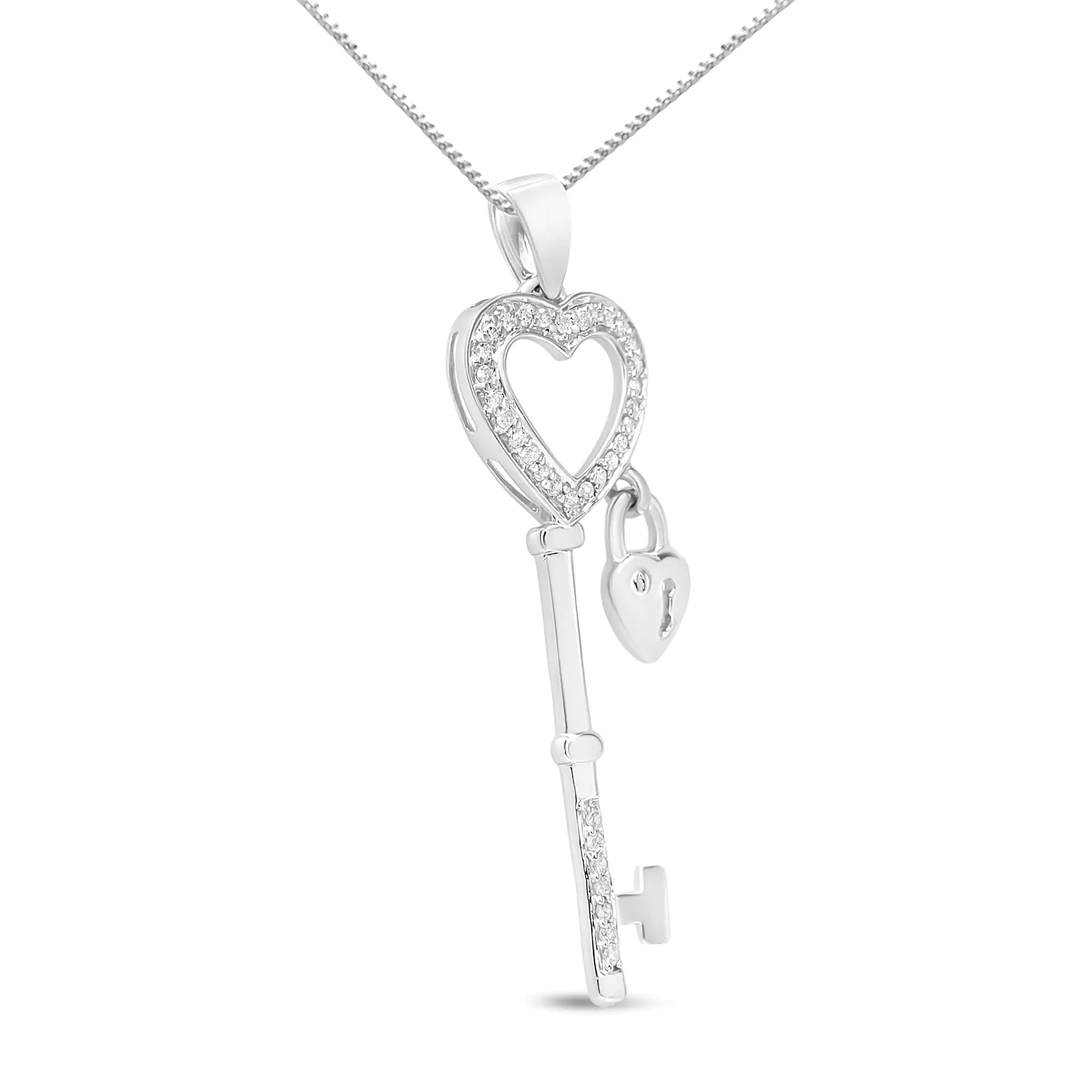 Sterling Silver 1/4 Ct Diamond Lock & Key heart 18" Pendant Necklace