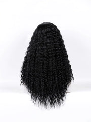 Womens Brazilian human long curly lace wavy hair wig in black, semi-synthetic, adjustable size.
