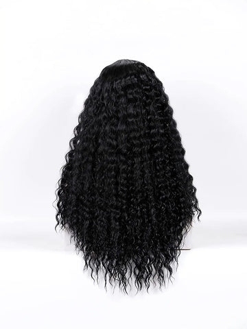 Womens Brazilian human long curly lace wavy hair wig in black, semi-synthetic, adjustable size.