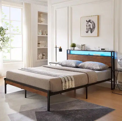 King Size Metal Platform Bed Frame With Wooden Headboard And Footboard With USB LINER Frugal Finds Galore
