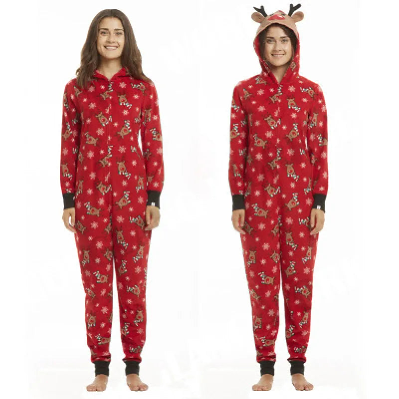 Fashionable Hooded Christmas Print Jumpsuit