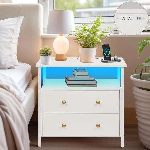 27 inch Wide LED Nightstand with Charging Station (LED White) Frugal Finds Galore