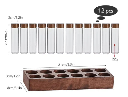 Walnut Wood Tube Set - Glass Containers with Display Rack